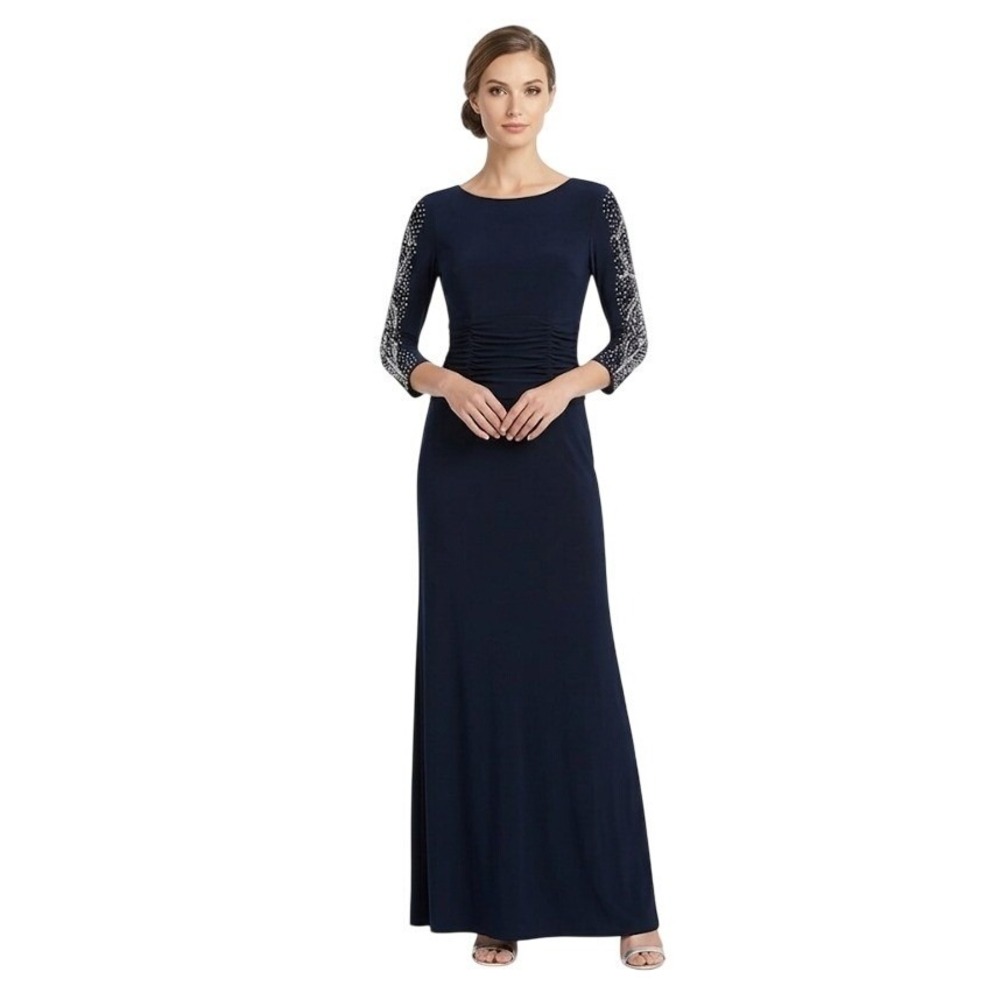 SLNY Gown Women's 14 Black Beaded 3/4 Sleeve Ruched Waist Evening Dress Elegant